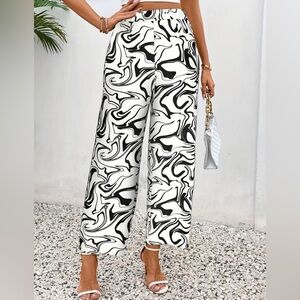 Boho Marble Print Wide Leg Pants, Casual High Waist Loose Pants
